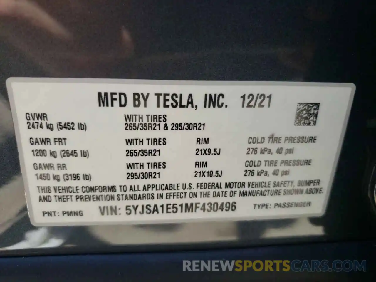 10 Photograph of a damaged car 5YJSA1E51MF430496 TESLA MODEL S 2021