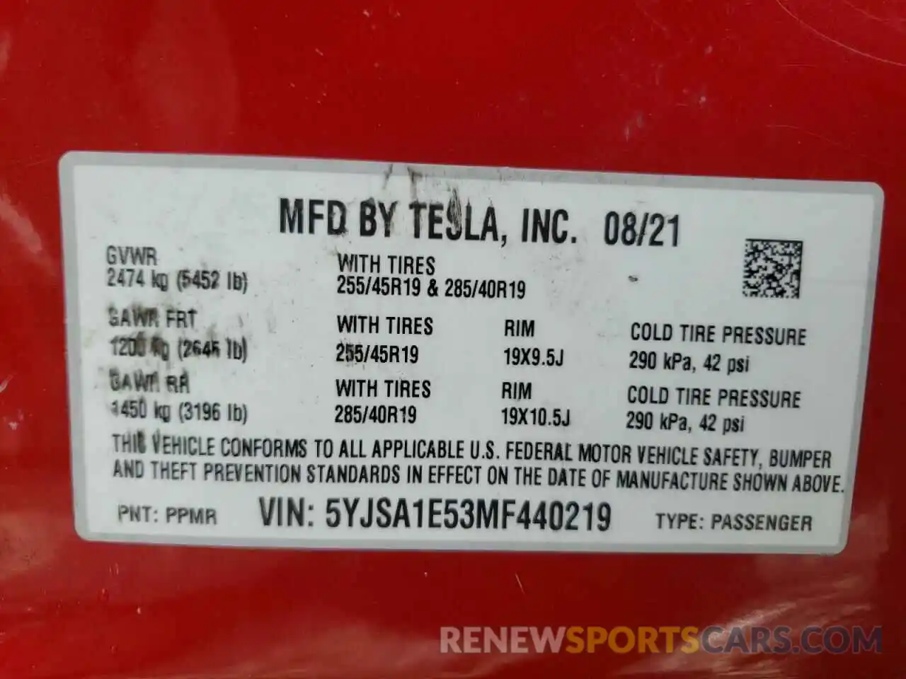 10 Photograph of a damaged car 5YJSA1E53MF440219 TESLA MODEL S 2021