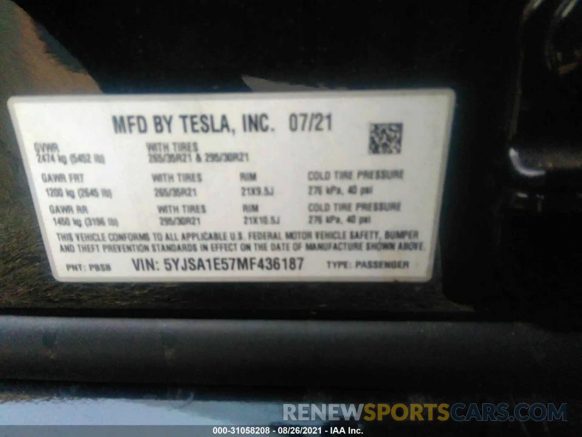 9 Photograph of a damaged car 5YJSA1E57MF436187 TESLA MODEL S 2021