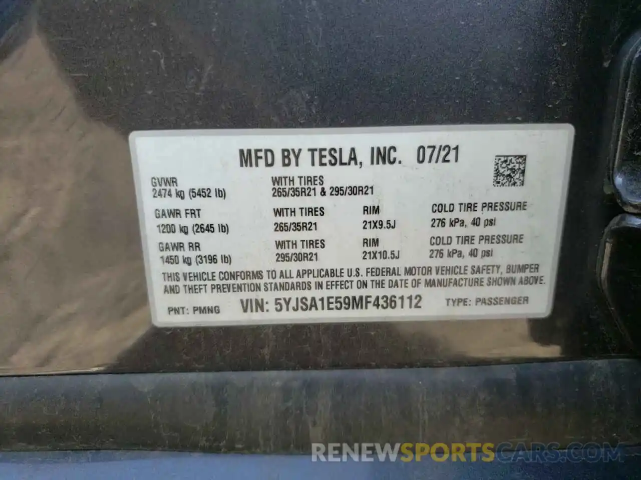 10 Photograph of a damaged car 5YJSA1E59MF436112 TESLA MODEL S 2021