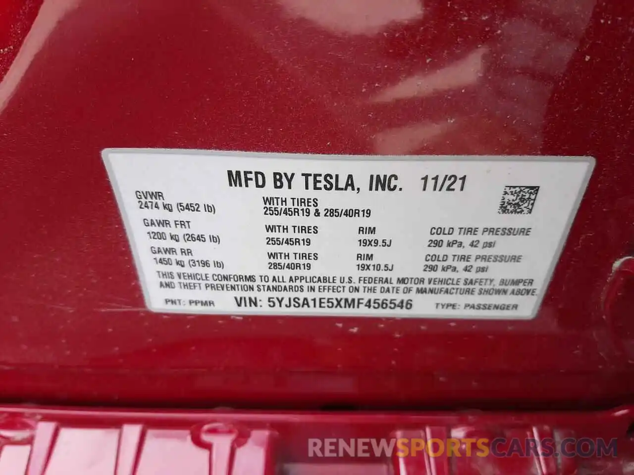 10 Photograph of a damaged car 5YJSA1E5XMF456546 TESLA MODEL S 2021