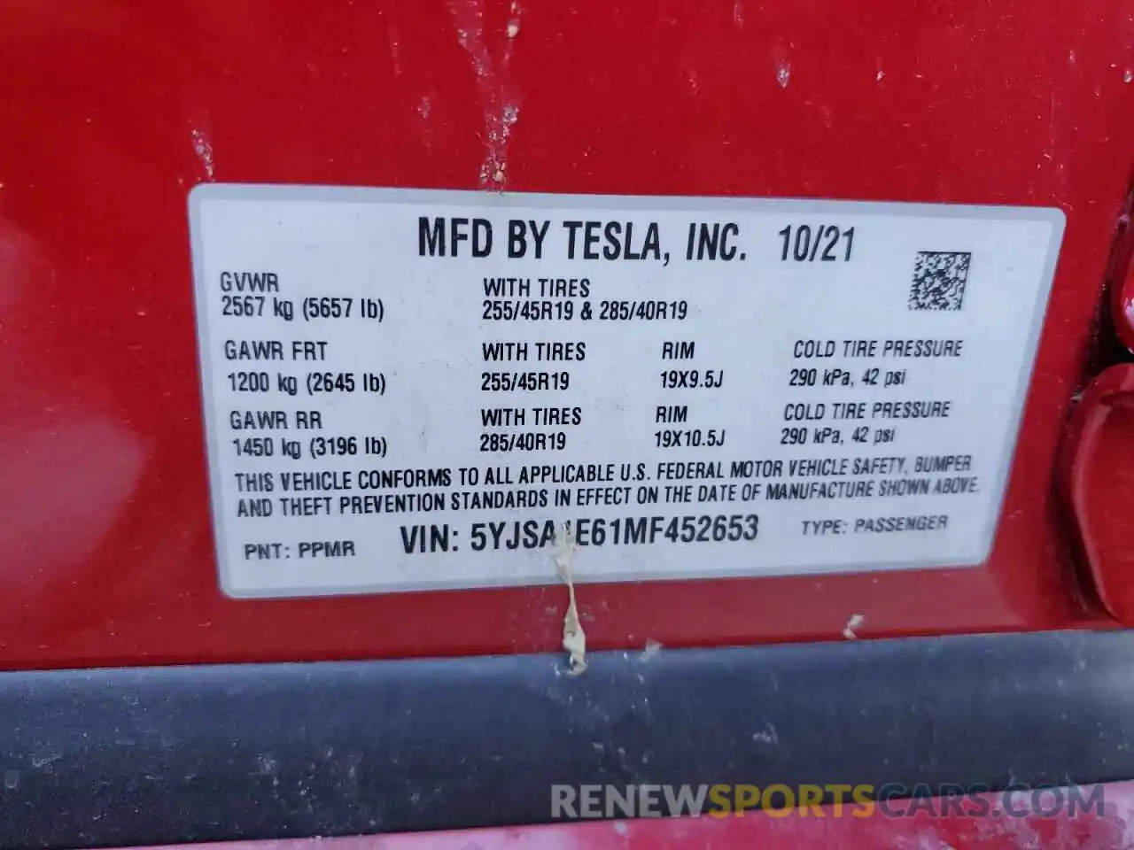 10 Photograph of a damaged car 5YJSA1E61MF452653 TESLA MODEL S 2021