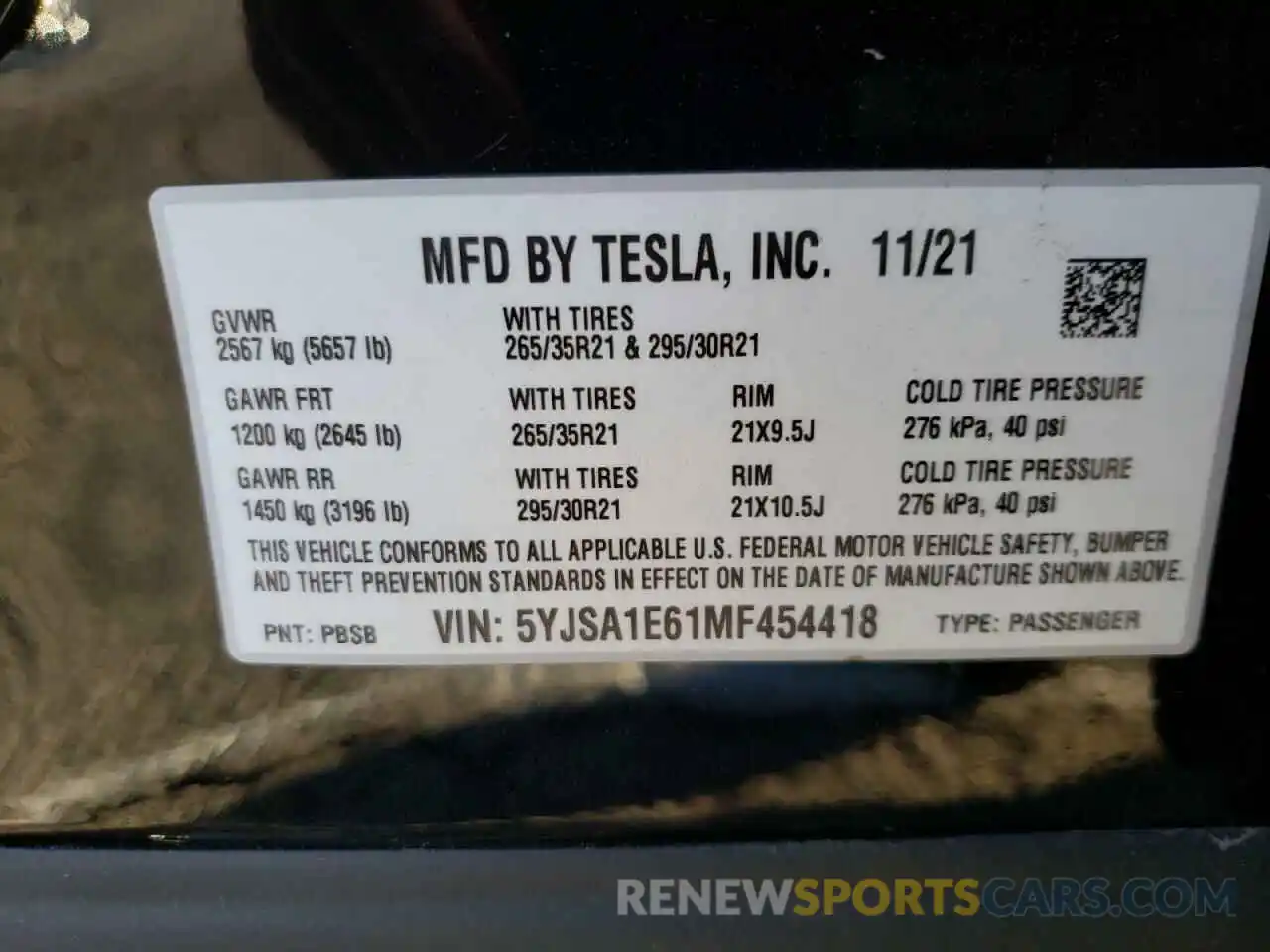 10 Photograph of a damaged car 5YJSA1E61MF454418 TESLA MODEL S 2021