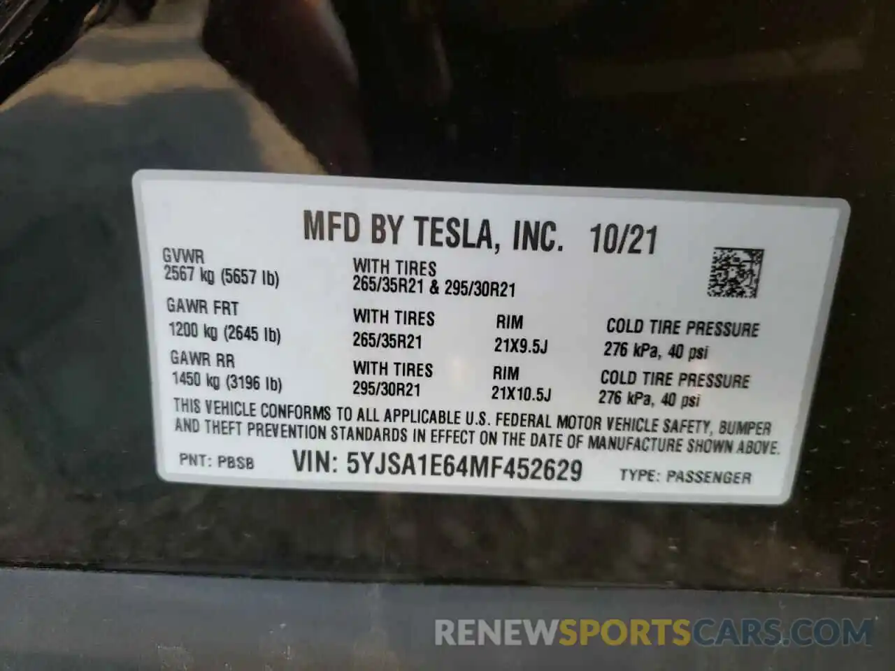 10 Photograph of a damaged car 5YJSA1E64MF452629 TESLA MODEL S 2021