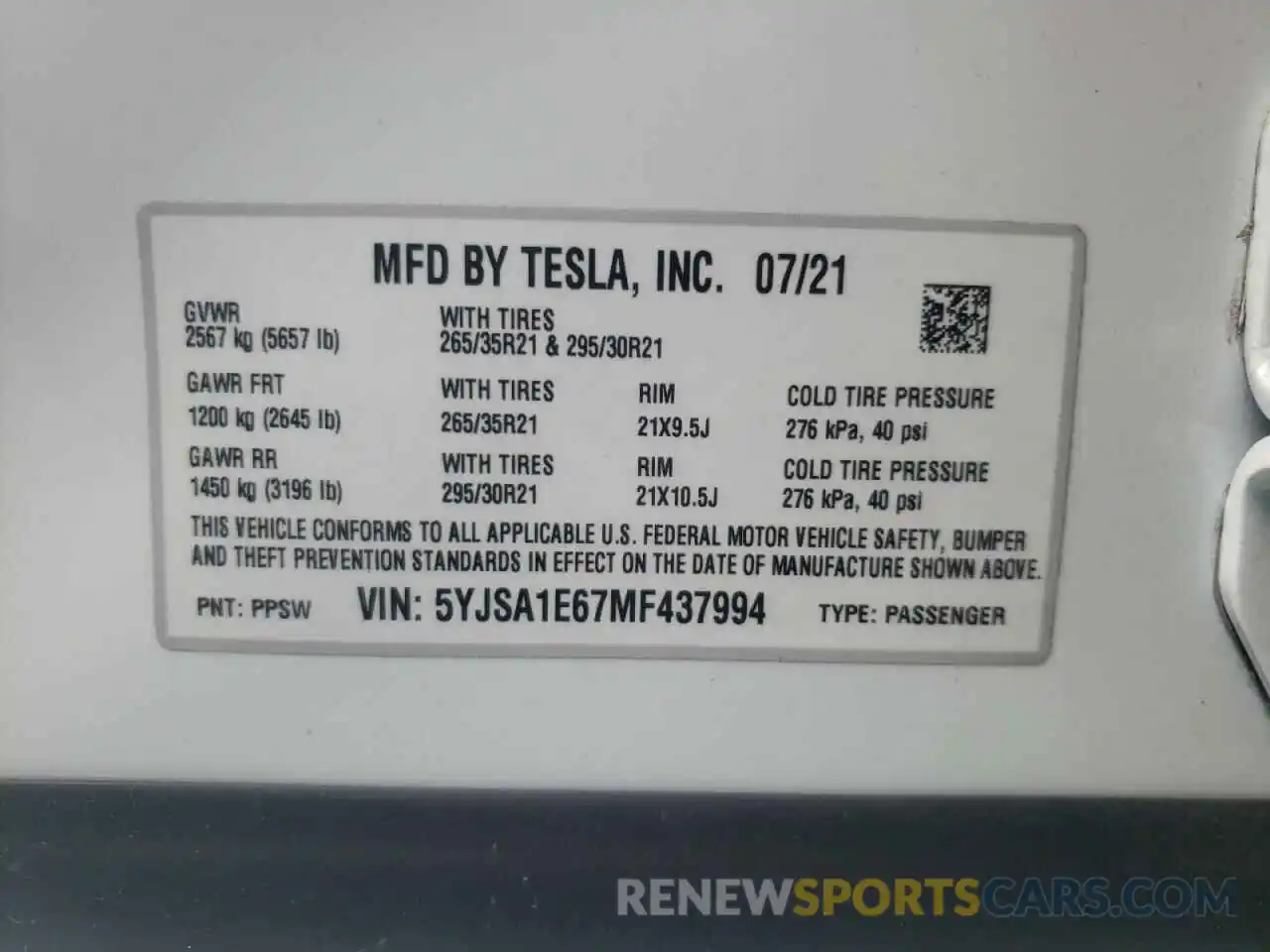 10 Фотография поврежденного автомобиля 5YJSA1E67MF437994 TESLA MODEL S 2021