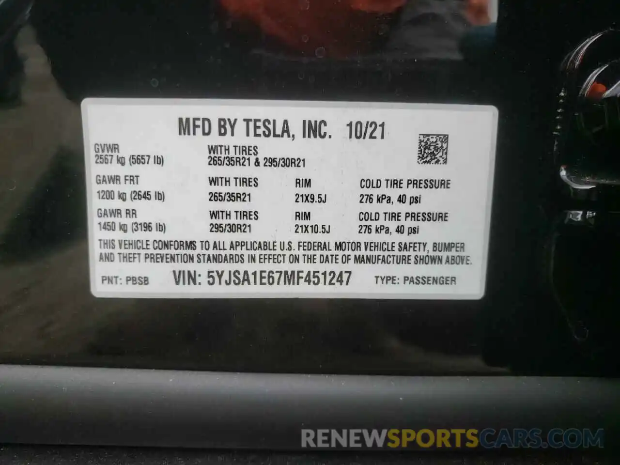 10 Photograph of a damaged car 5YJSA1E67MF451247 TESLA MODEL S 2021