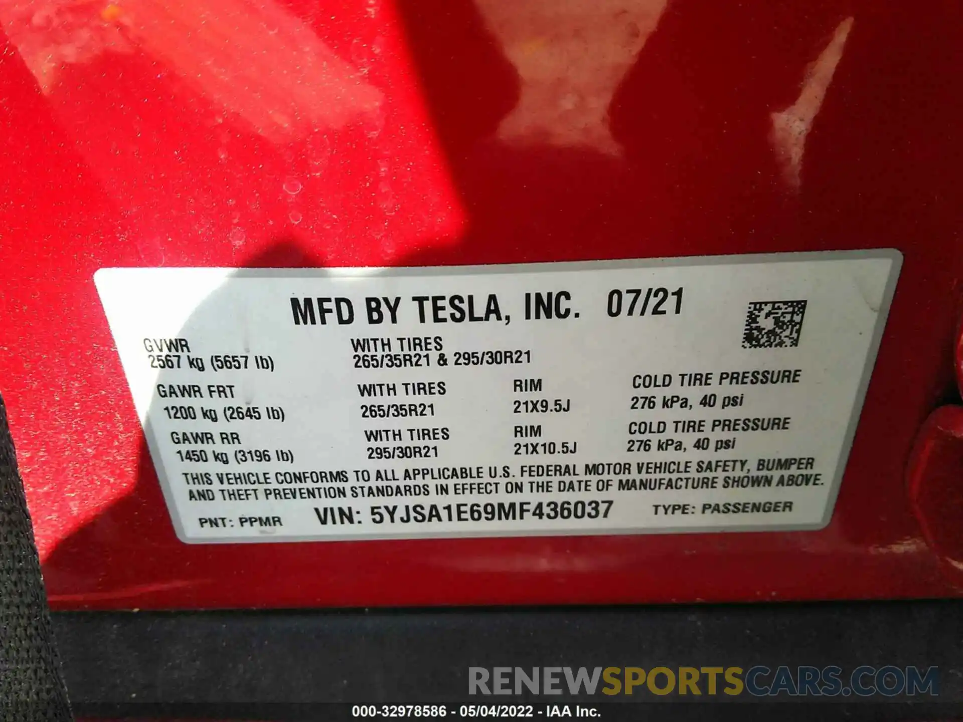 9 Фотография поврежденного автомобиля 5YJSA1E69MF436037 TESLA MODEL S 2021