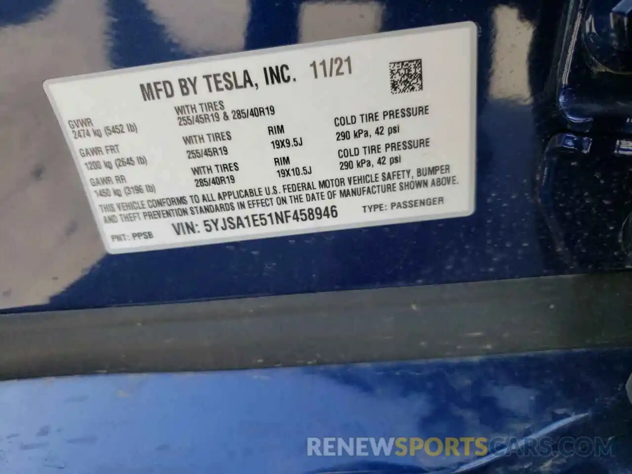 10 Photograph of a damaged car 5YJSA1E51NF458946 TESLA MODEL S 2022