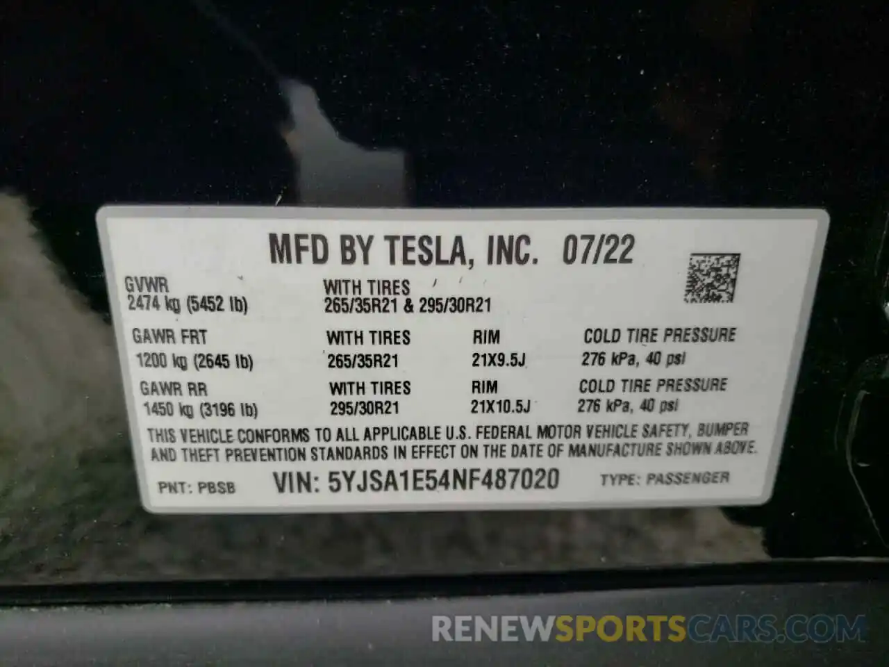 10 Фотография поврежденного автомобиля 5YJSA1E54NF487020 TESLA MODEL S 2022