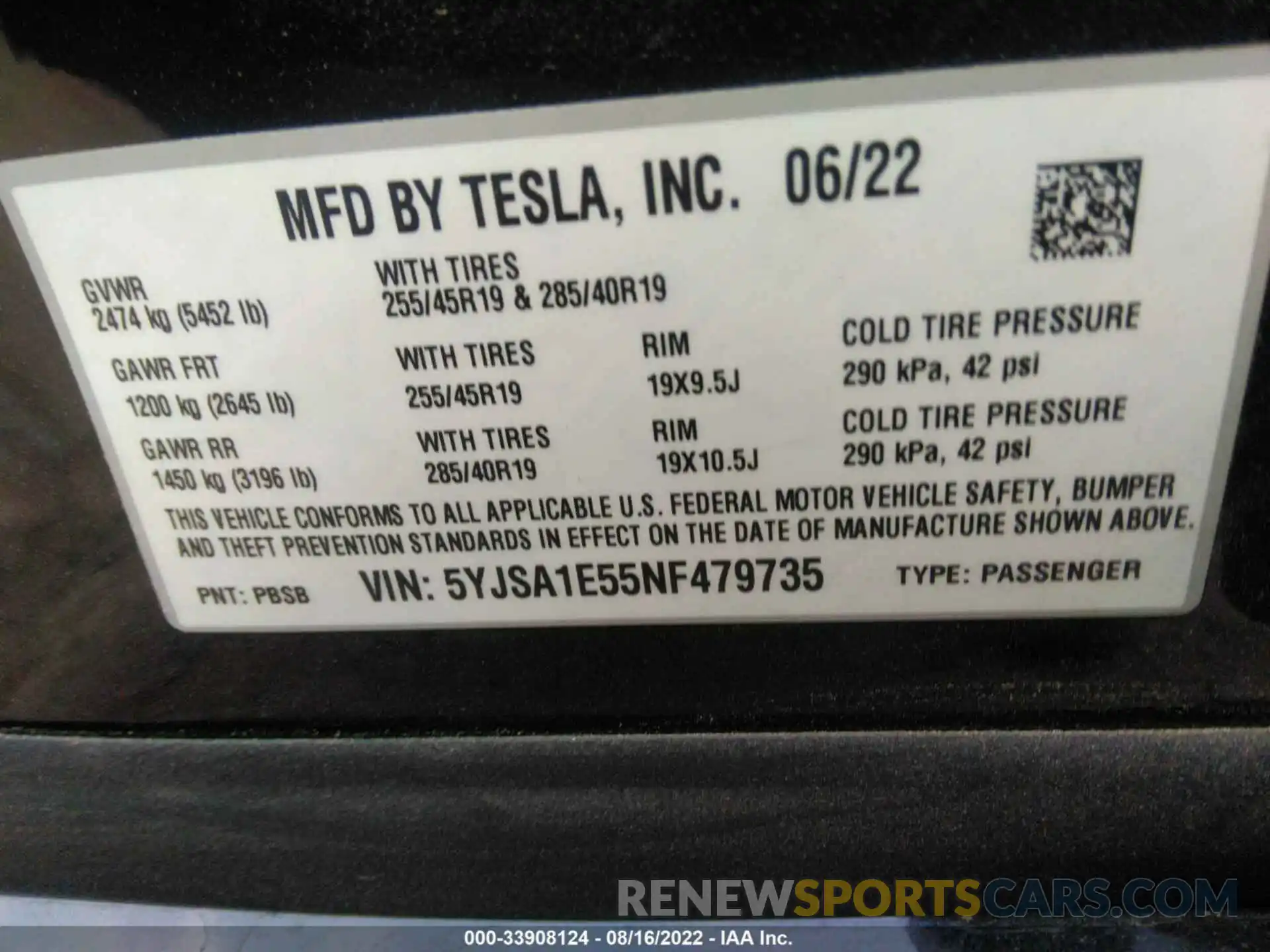 9 Фотография поврежденного автомобиля 5YJSA1E55NF479735 TESLA MODEL S 2022