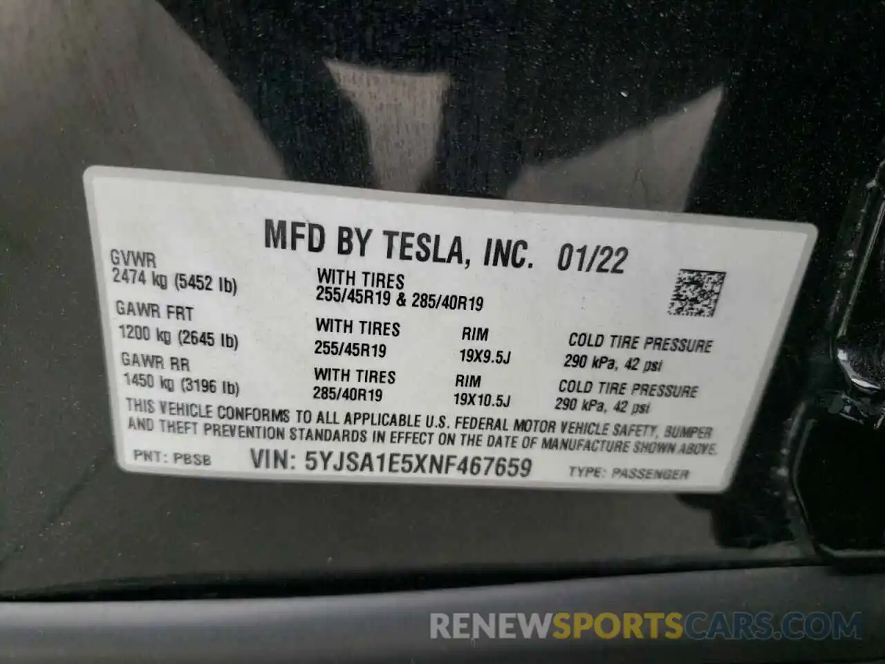 10 Photograph of a damaged car 5YJSA1E5XNF467659 TESLA MODEL S 2022