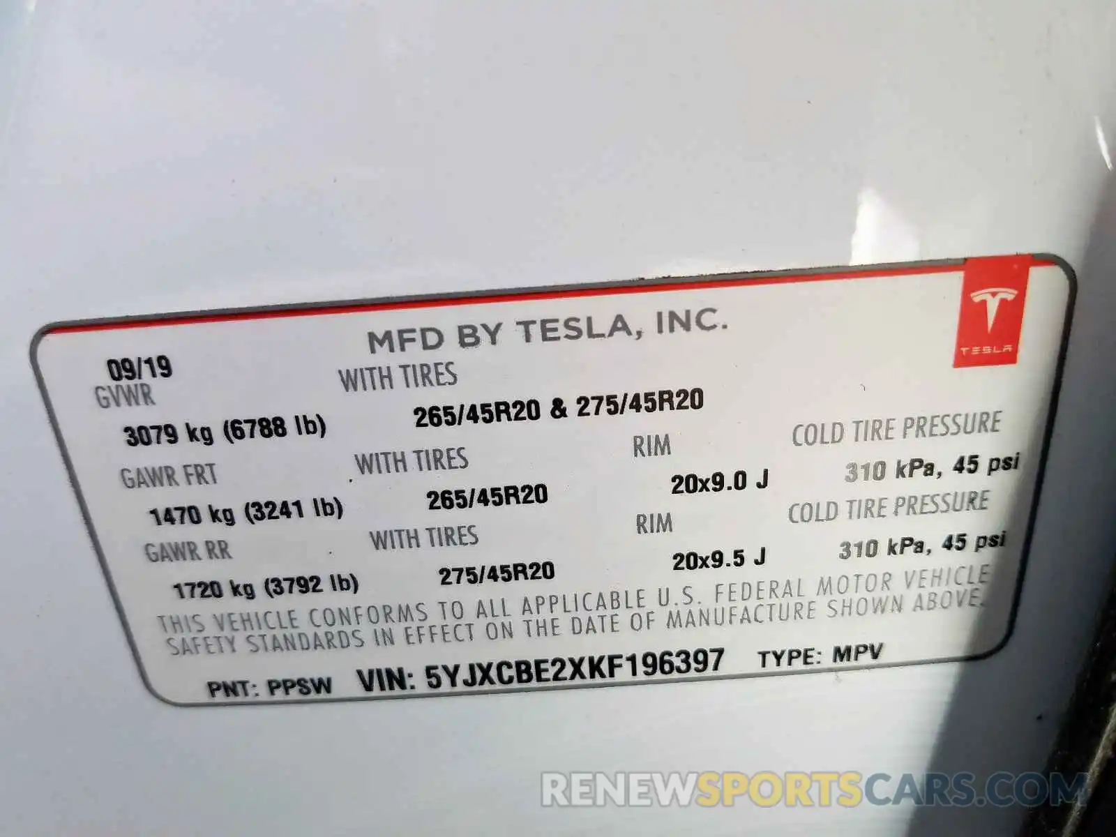 10 Photograph of a damaged car 5YJXCBE2XKF196397 TESLA MODEL X 2019