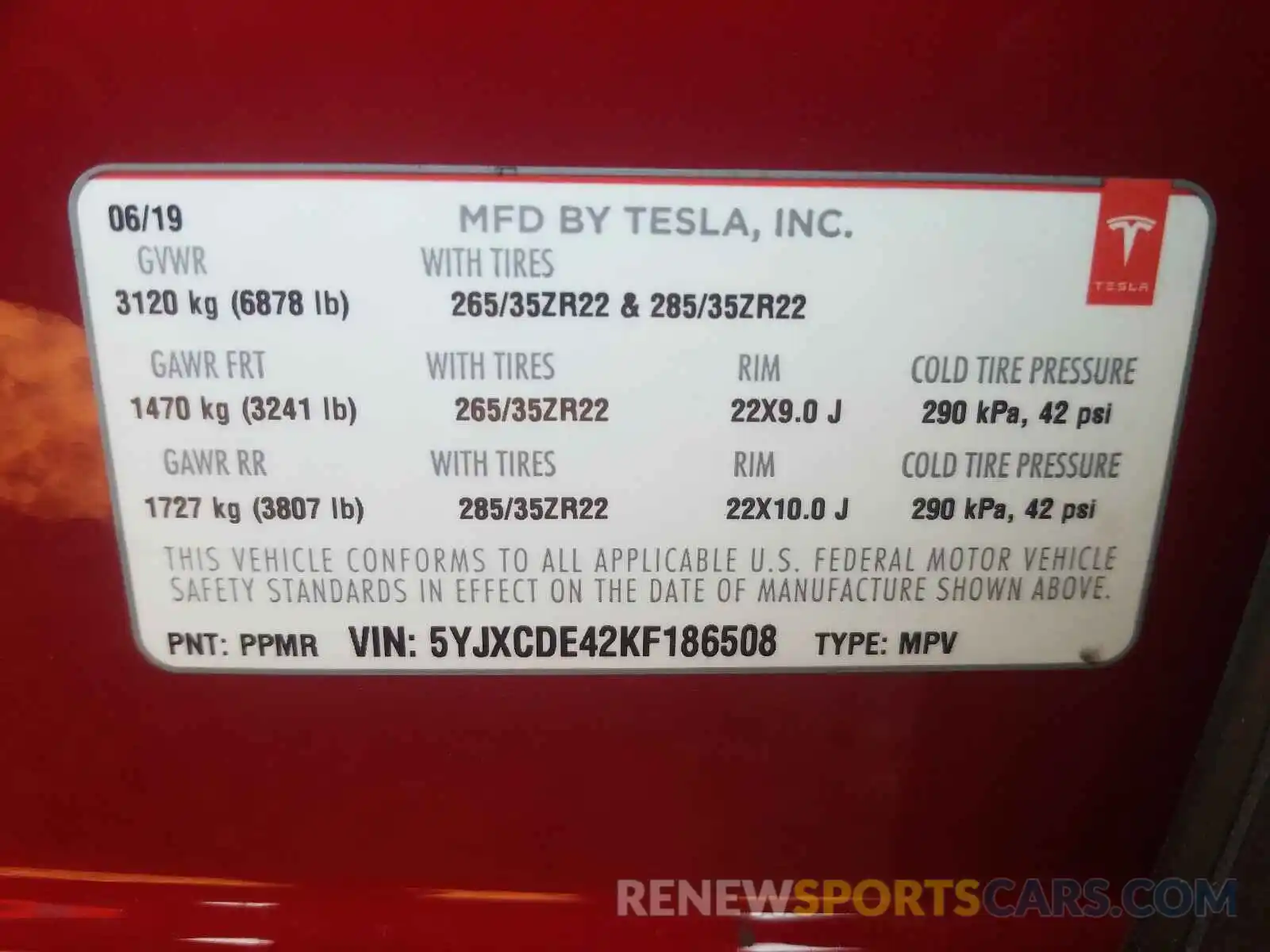 10 Photograph of a damaged car 5YJXCDE42KF186508 TESLA MODEL X 2019