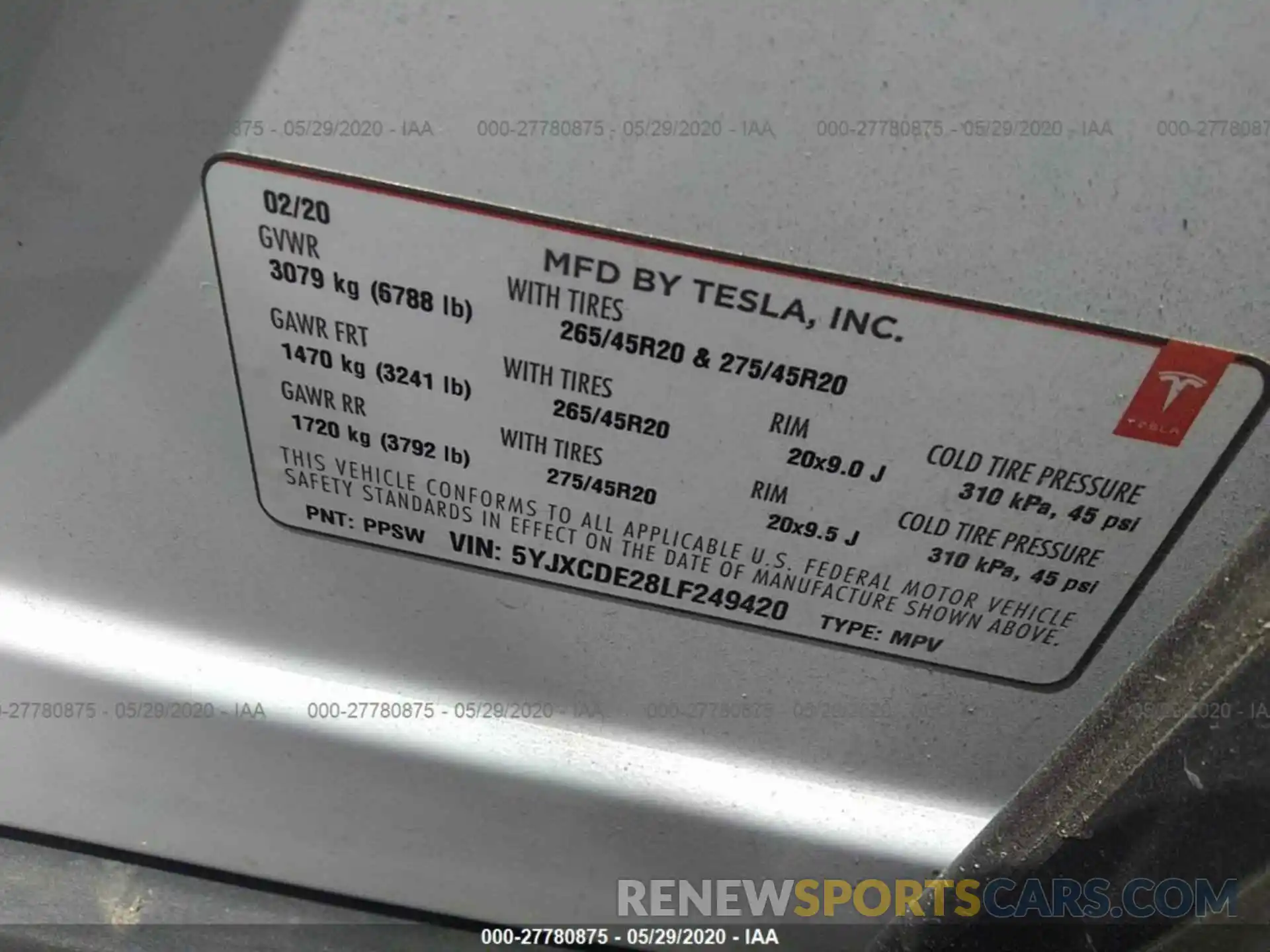 9 Фотография поврежденного автомобиля 5YJXCDE28LF249420 TESLA MODEL X 2020