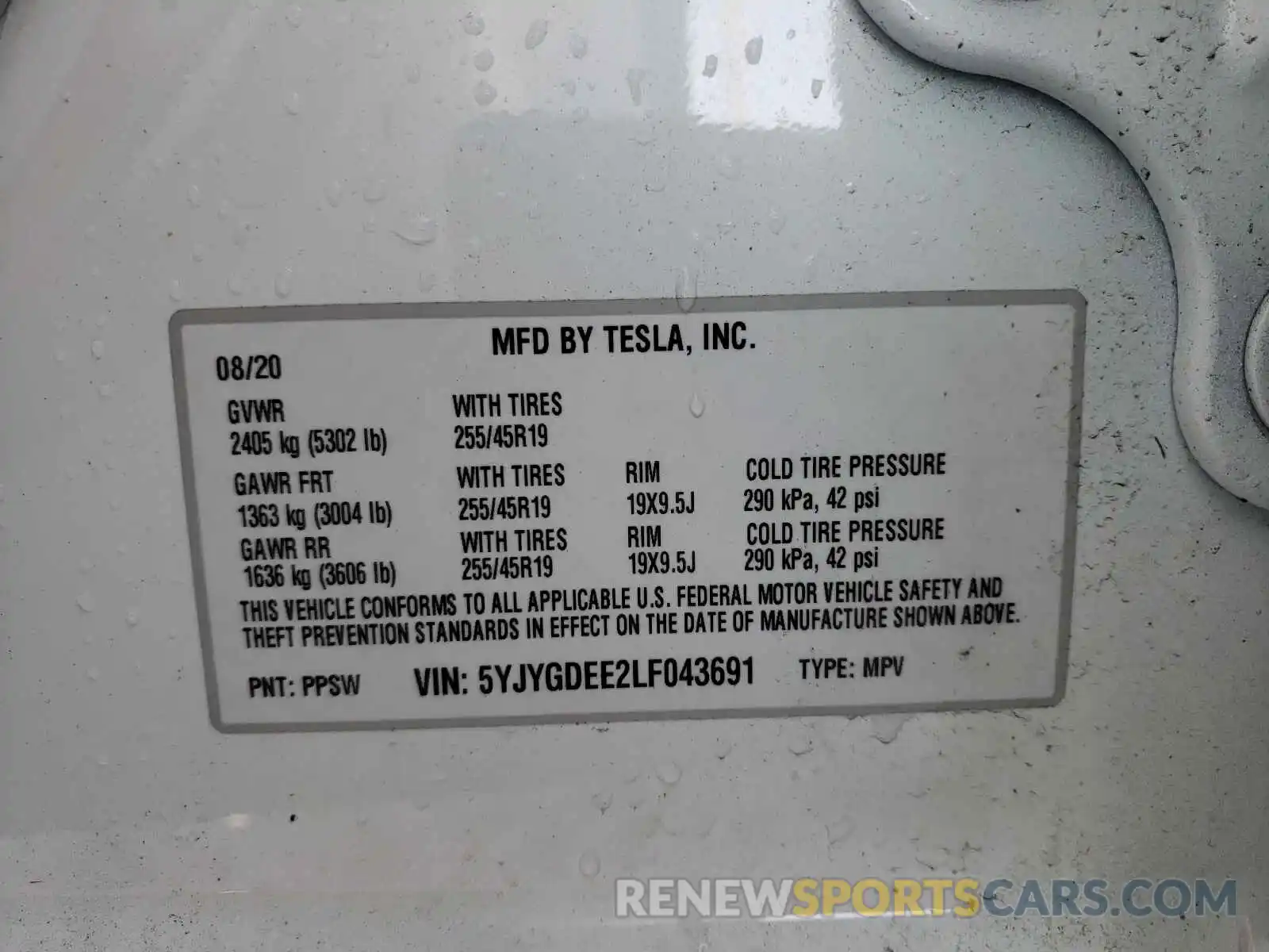 10 Photograph of a damaged car 5YJYGDEE2LF043691 TESLA MODEL Y 2020