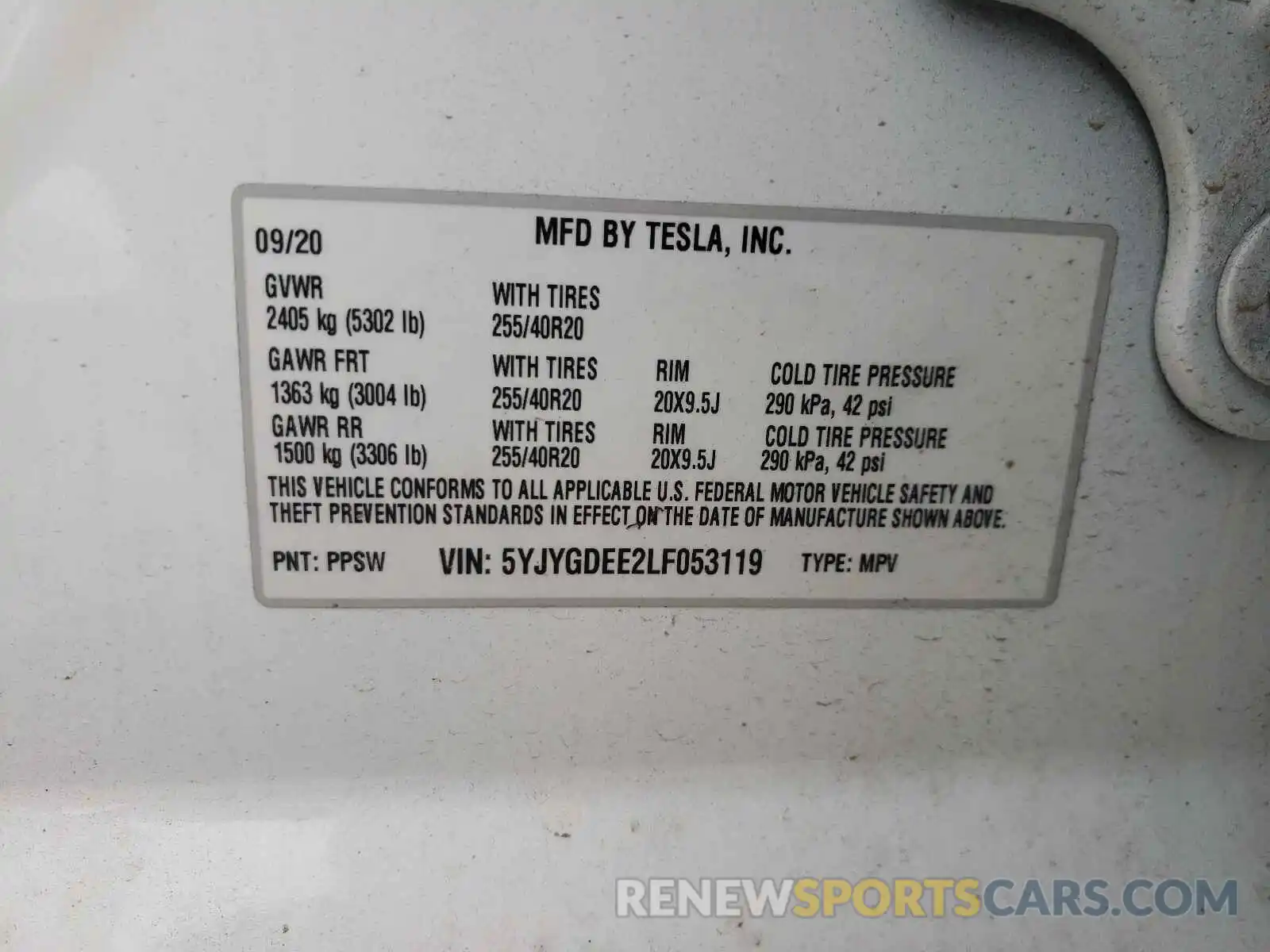 10 Photograph of a damaged car 5YJYGDEE2LF053119 TESLA MODEL Y 2020