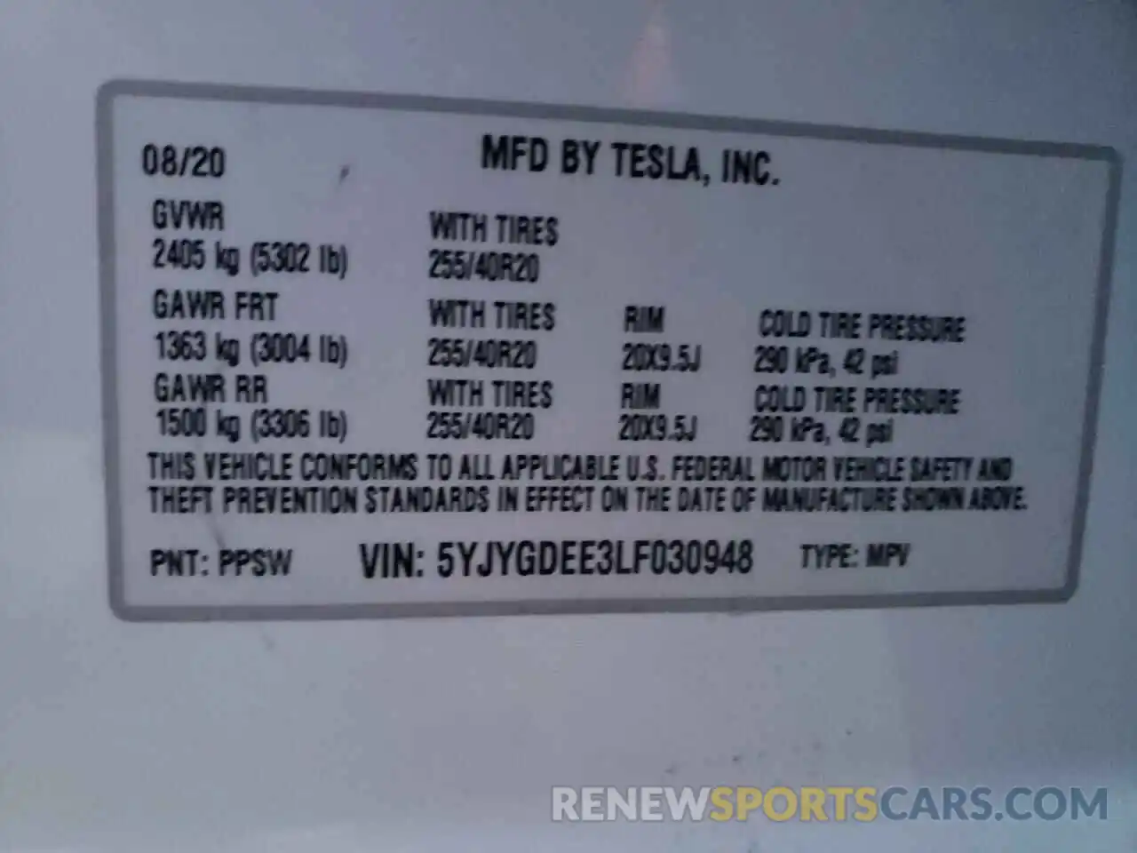 10 Photograph of a damaged car 5YJYGDEE3LF030948 TESLA MODEL Y 2020