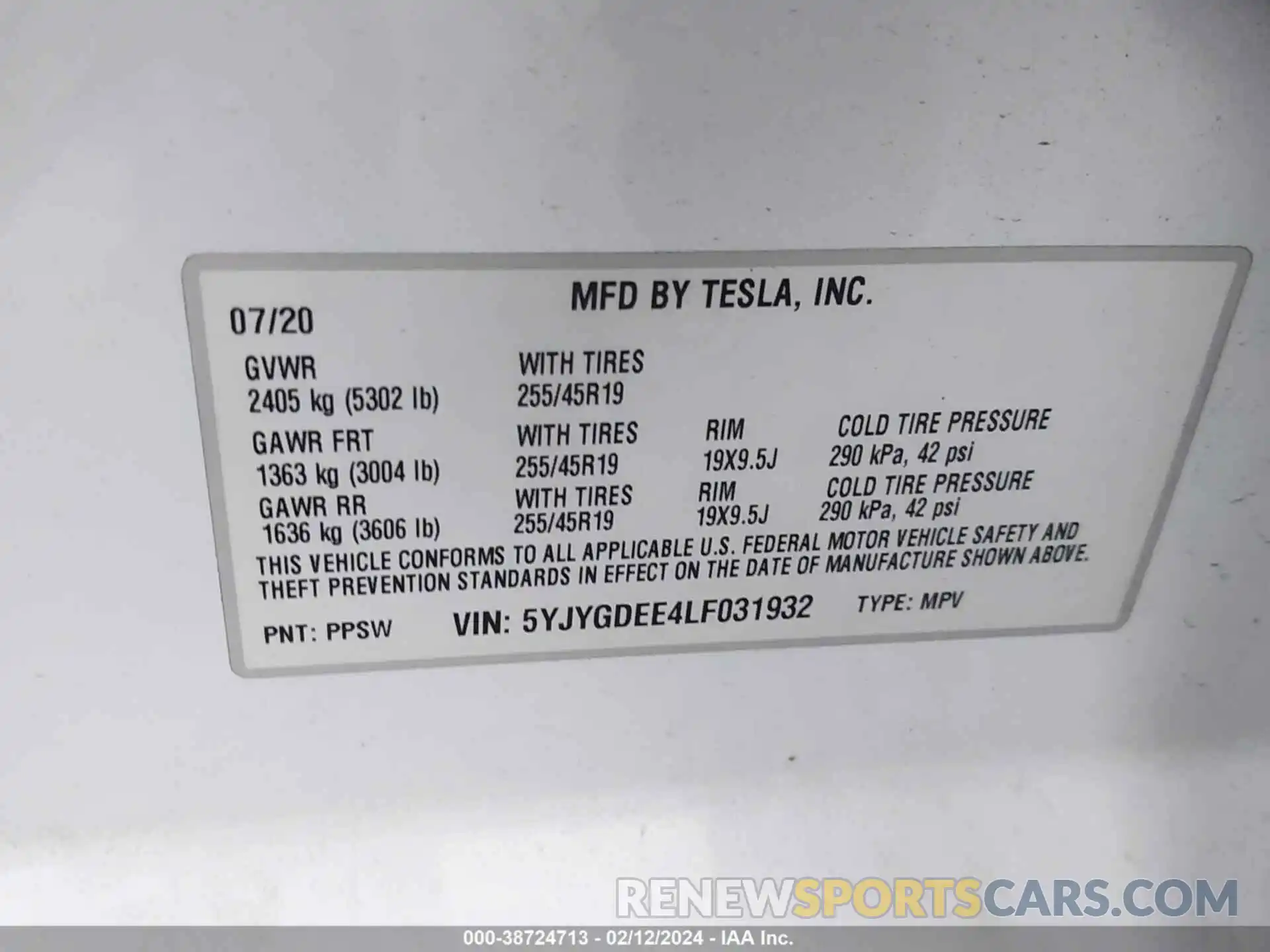 8 Фотография поврежденного автомобиля 5YJYGDEE4LF031932 TESLA MODEL Y 2020