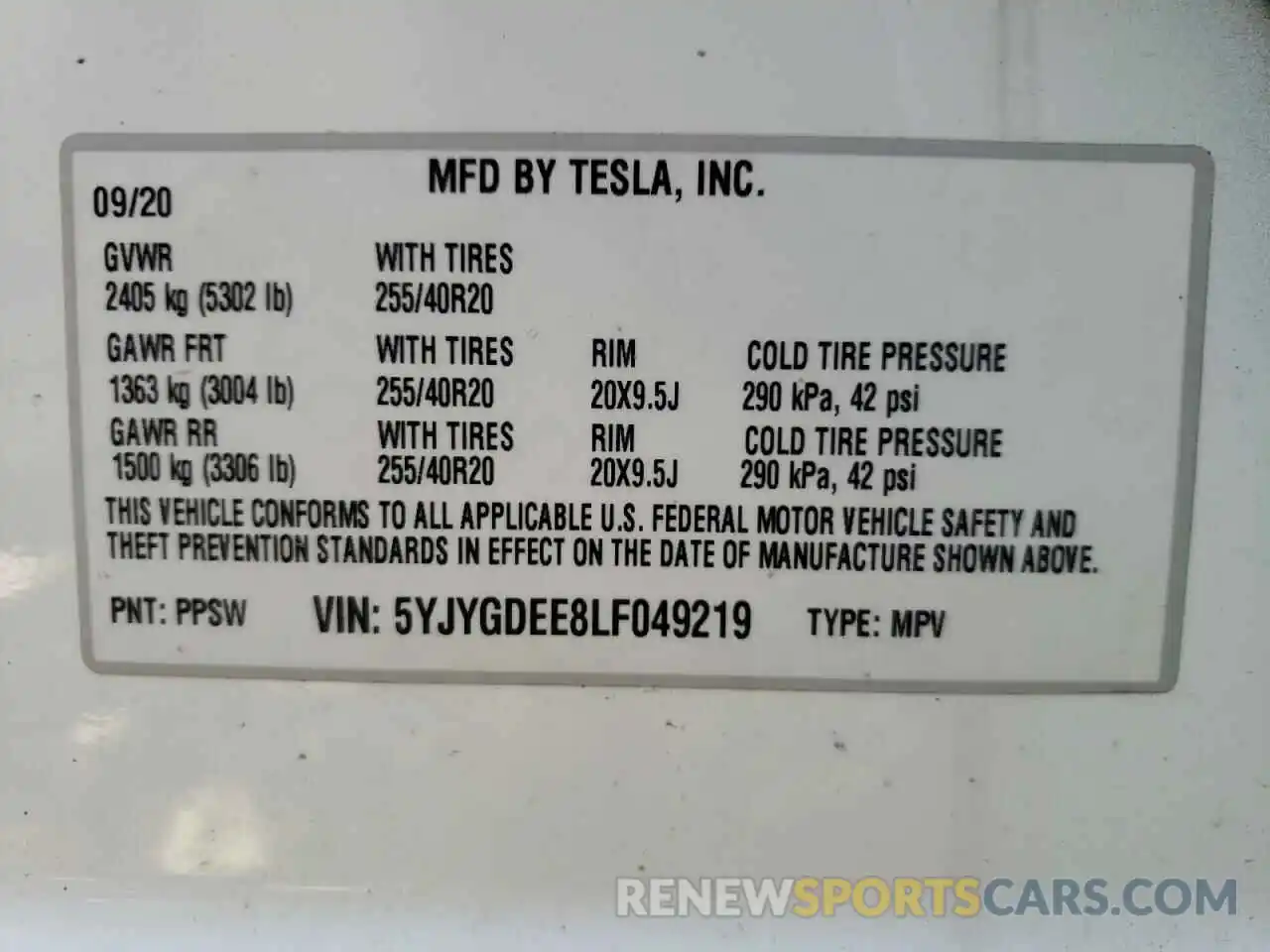 10 Photograph of a damaged car 5YJYGDEE8LF049219 TESLA MODEL Y 2020