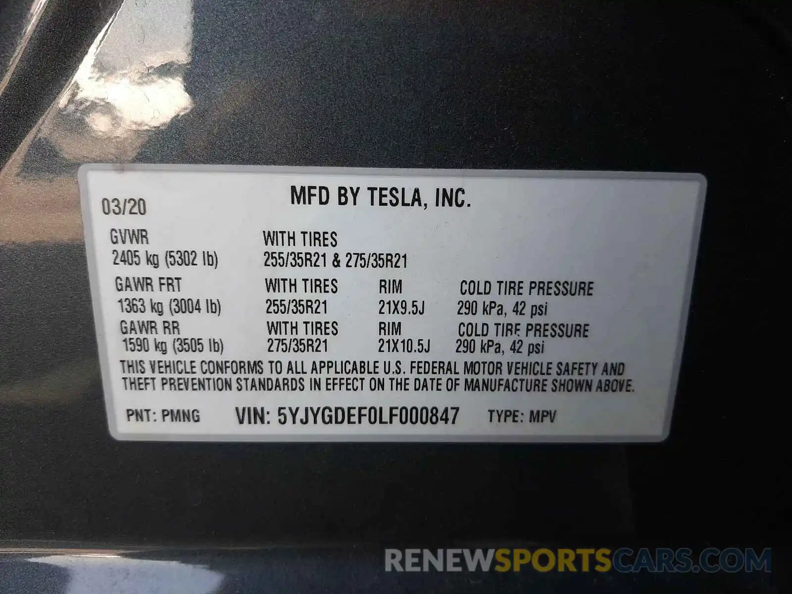 10 Photograph of a damaged car 5YJYGDEF0LF000847 TESLA MODEL Y 2020