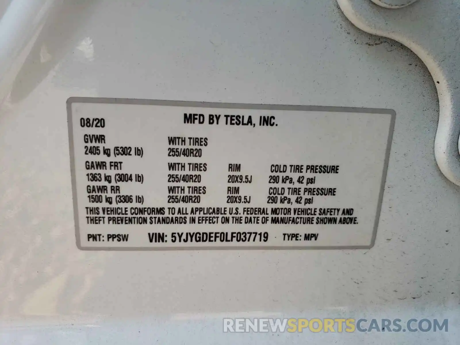 10 Фотография поврежденного автомобиля 5YJYGDEF0LF037719 TESLA MODEL Y 2020