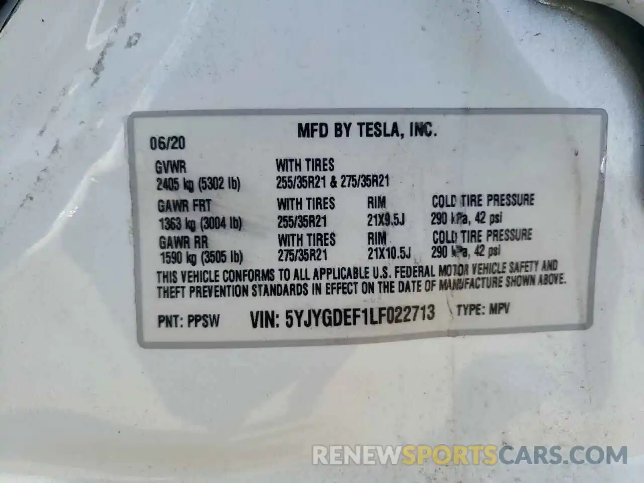 10 Photograph of a damaged car 5YJYGDEF1LF022713 TESLA MODEL Y 2020