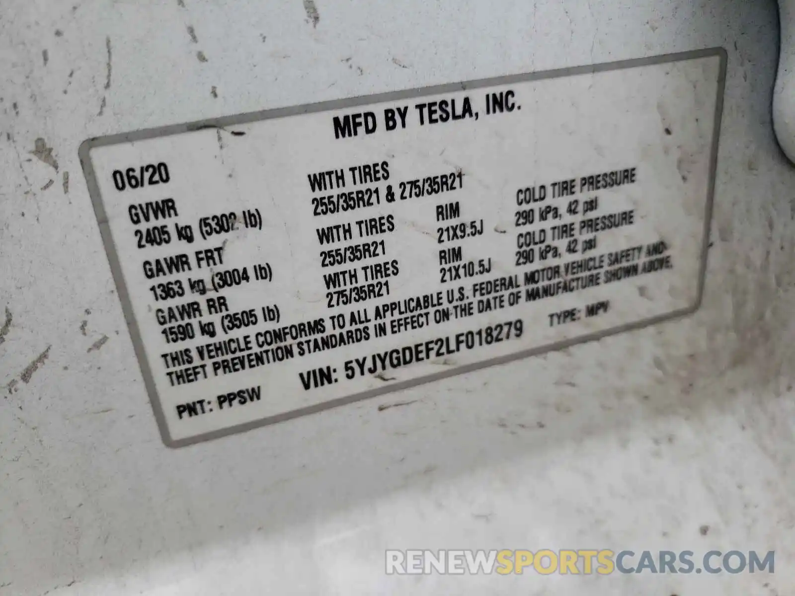 10 Photograph of a damaged car 5YJYGDEF2LF018279 TESLA MODEL Y 2020