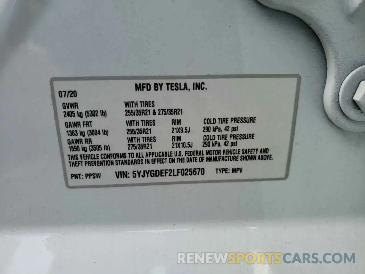 10 Фотография поврежденного автомобиля 5YJYGDEF2LF025670 TESLA MODEL Y 2020