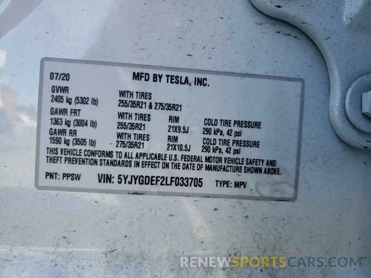 10 Photograph of a damaged car 5YJYGDEF2LF033705 TESLA MODEL Y 2020