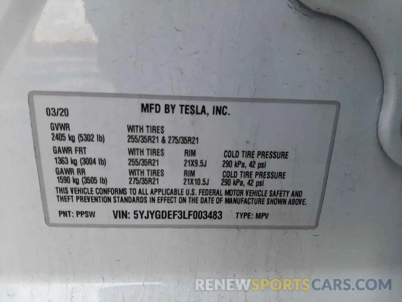 10 Photograph of a damaged car 5YJYGDEF3LF003483 TESLA MODEL Y 2020