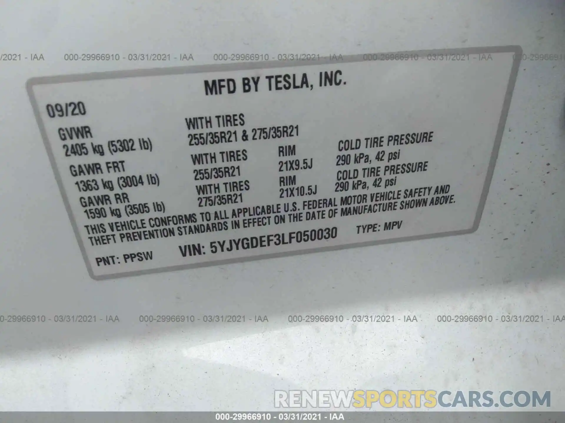 9 Photograph of a damaged car 5YJYGDEF3LF050030 TESLA MODEL Y 2020