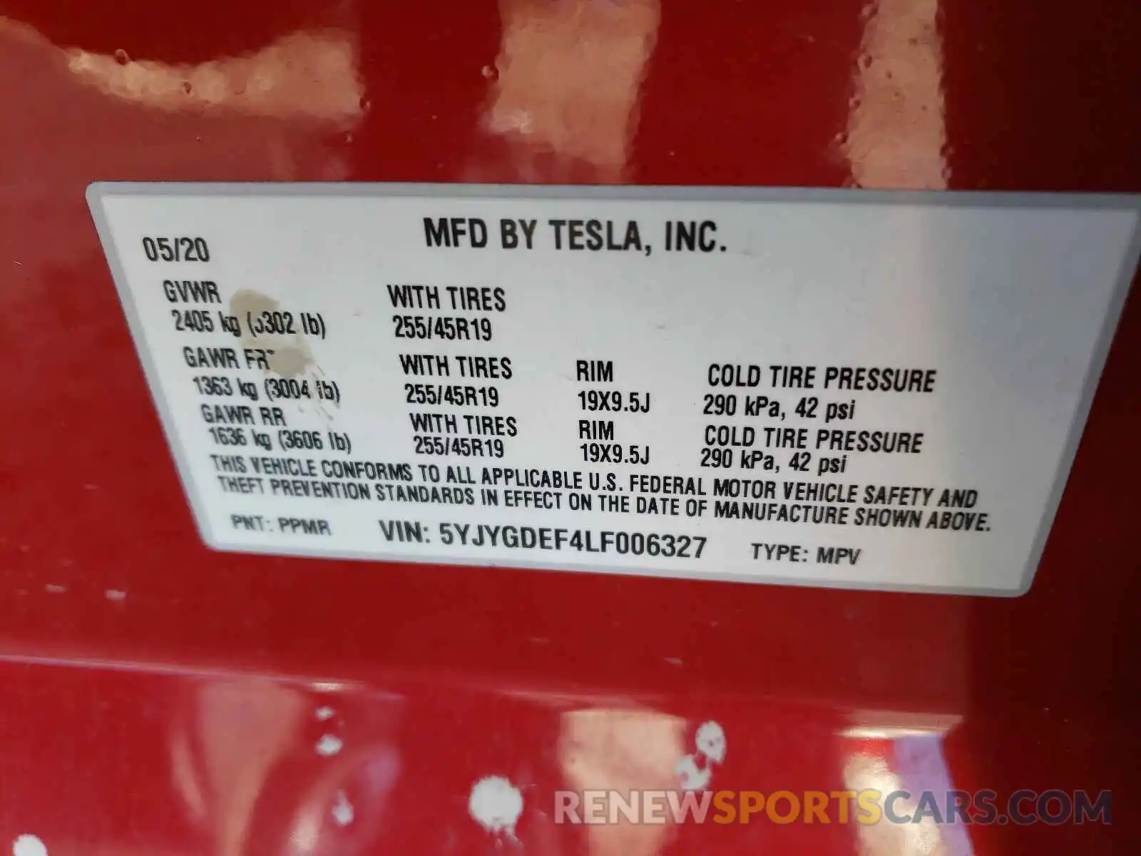 10 Photograph of a damaged car 5YJYGDEF4LF006327 TESLA MODEL Y 2020