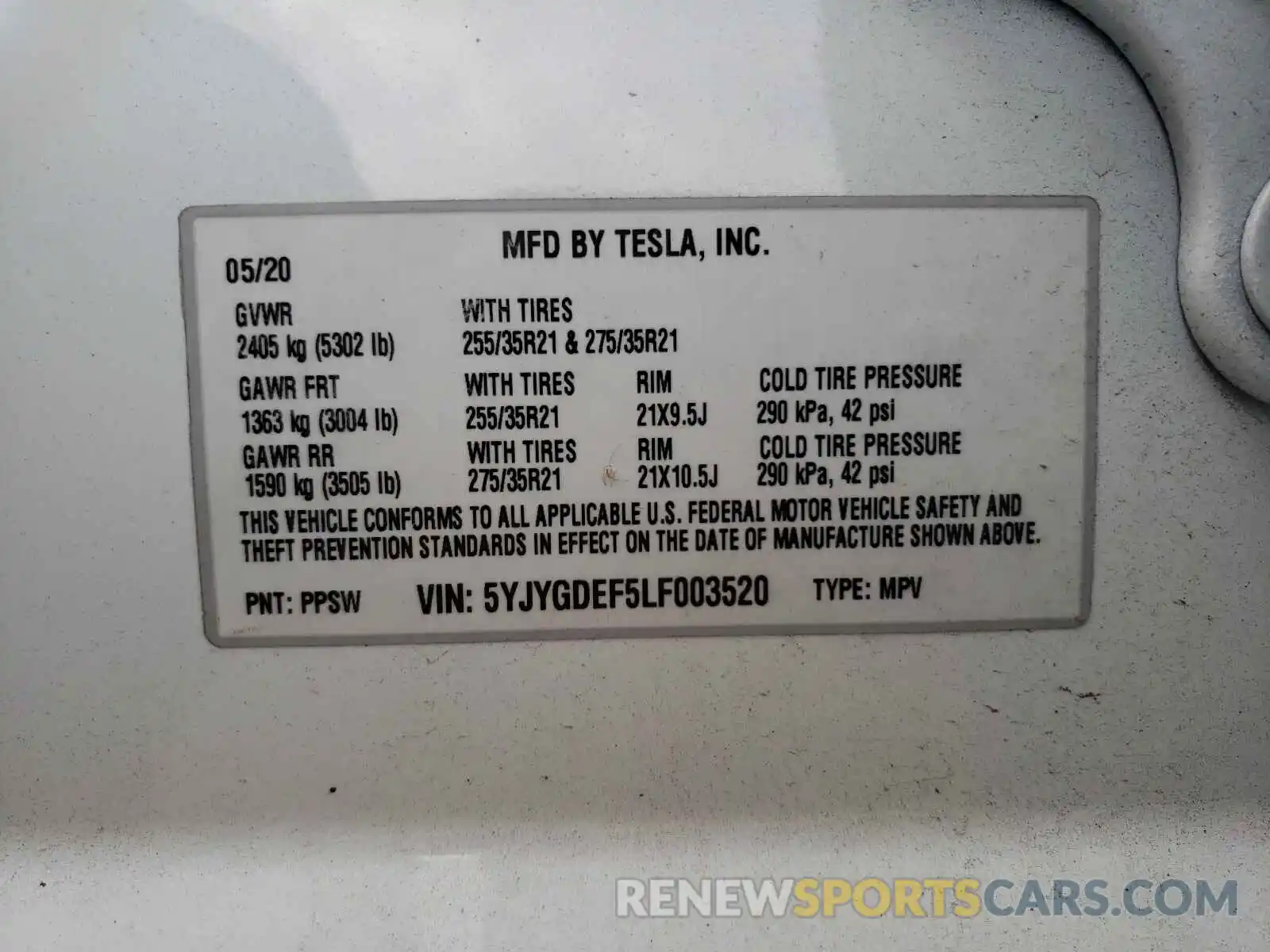 10 Фотография поврежденного автомобиля 5YJYGDEF5LF003520 TESLA MODEL Y 2020