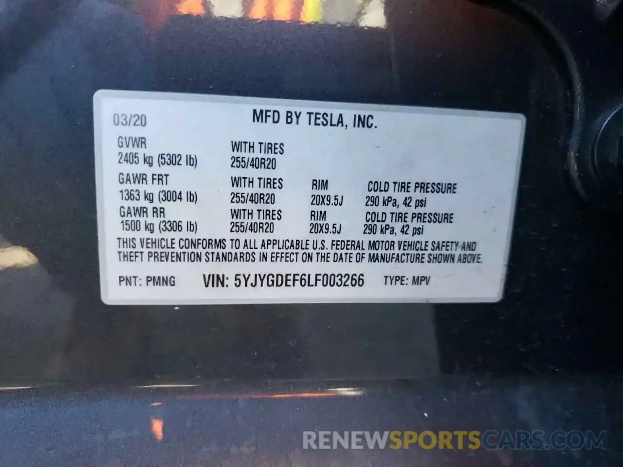 10 Photograph of a damaged car 5YJYGDEF6LF003266 TESLA MODEL Y 2020