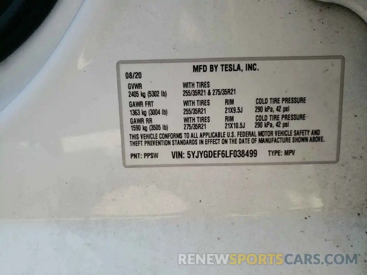 10 Photograph of a damaged car 5YJYGDEF6LF038499 TESLA MODEL Y 2020