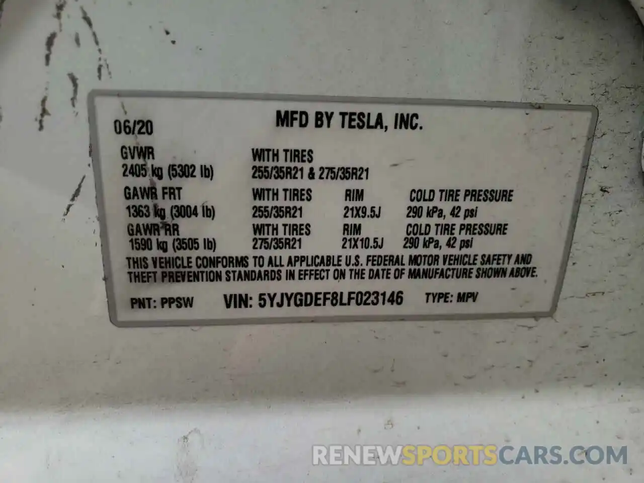 10 Photograph of a damaged car 5YJYGDEF8LF023146 TESLA MODEL Y 2020