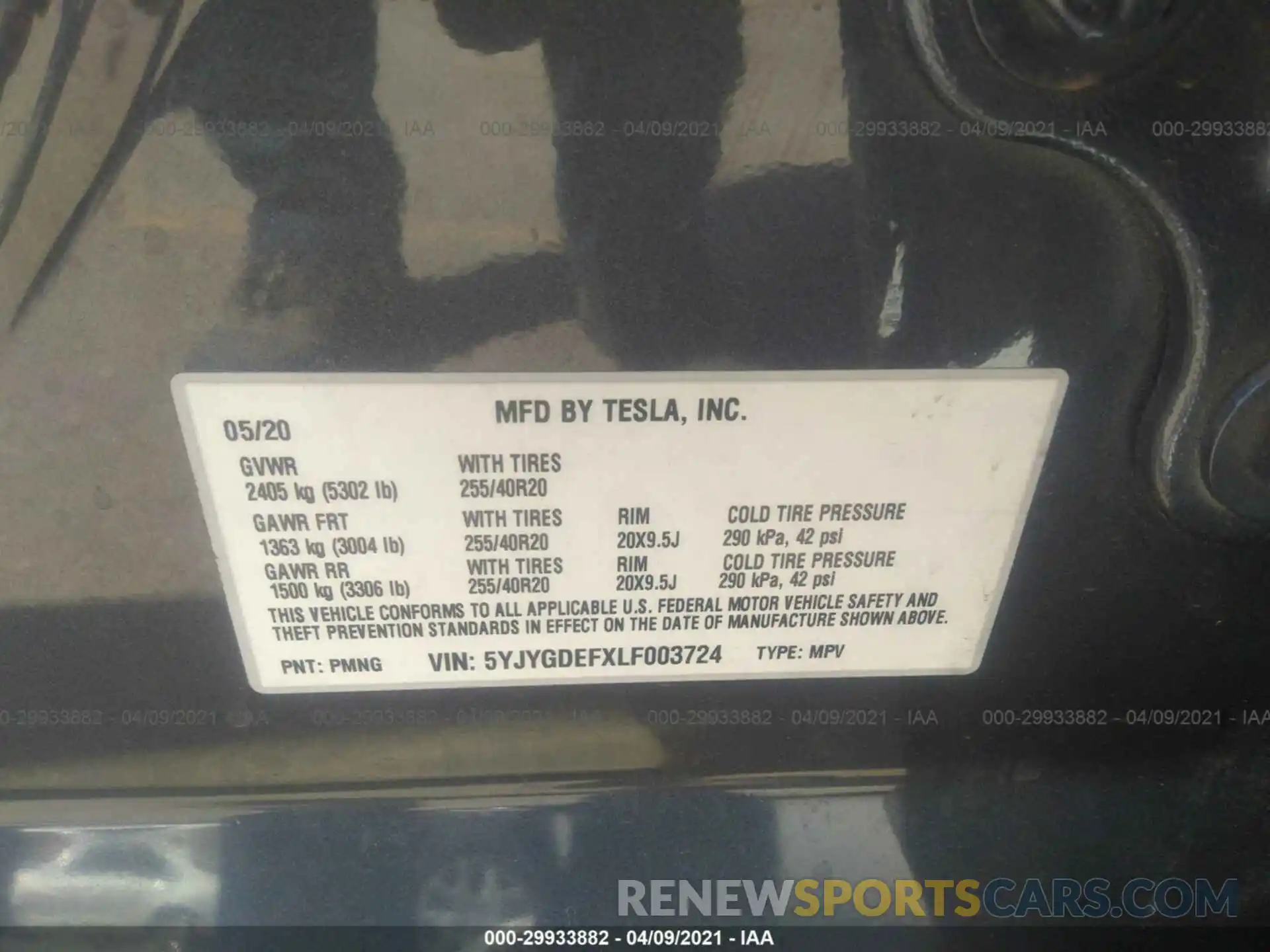 9 Фотография поврежденного автомобиля 5YJYGDEFXLF003724 TESLA MODEL Y 2020