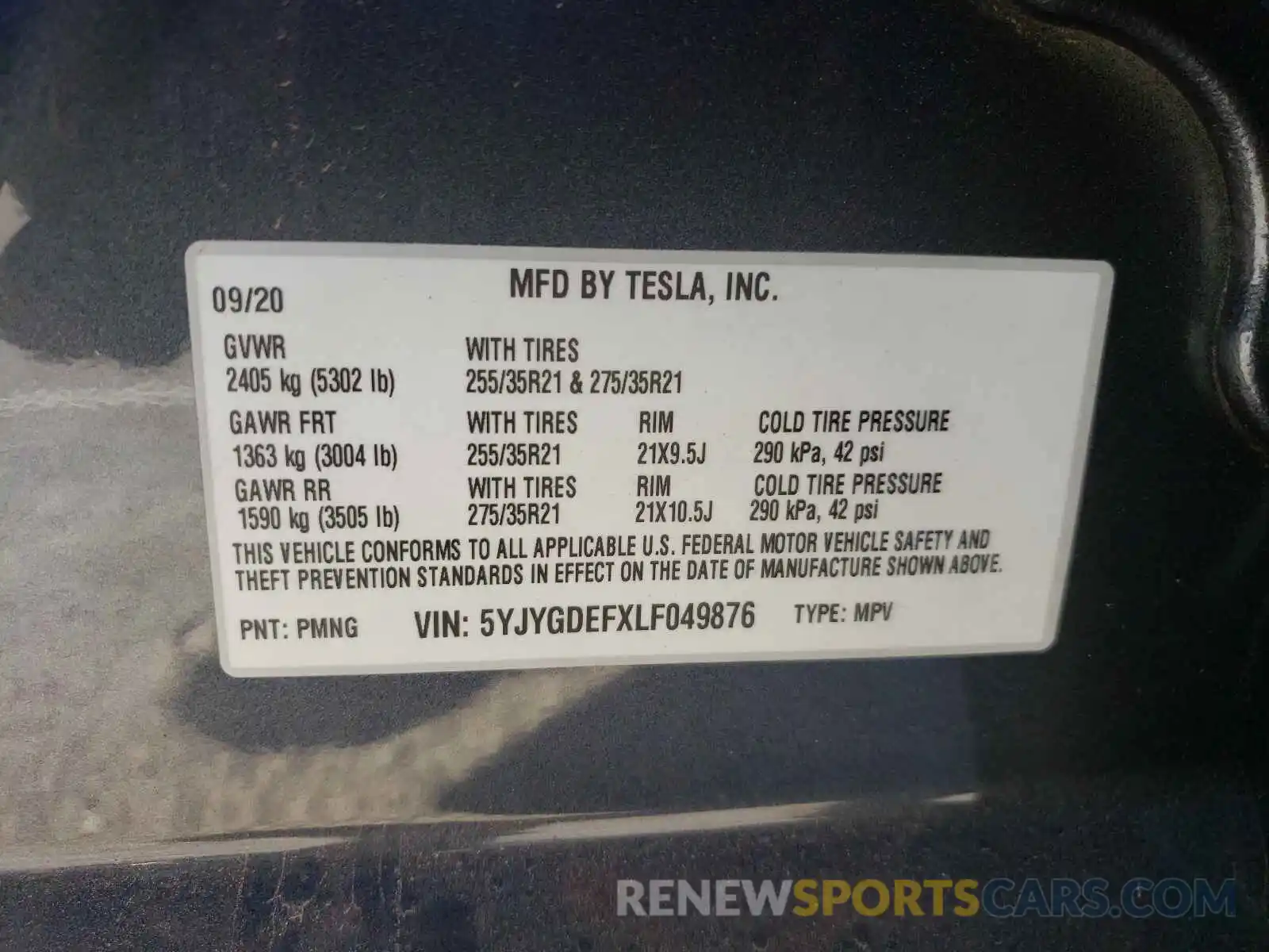 10 Фотография поврежденного автомобиля 5YJYGDEFXLF049876 TESLA MODEL Y 2020