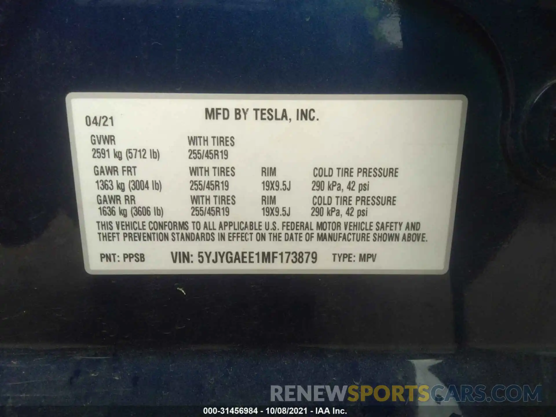 9 Фотография поврежденного автомобиля 5YJYGAEE1MF173879 TESLA MODEL Y 2021