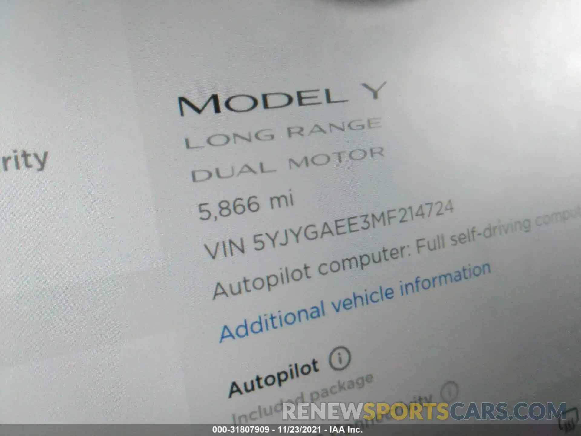 7 Фотография поврежденного автомобиля 5YJYGAEE3MF214724 TESLA MODEL Y 2021