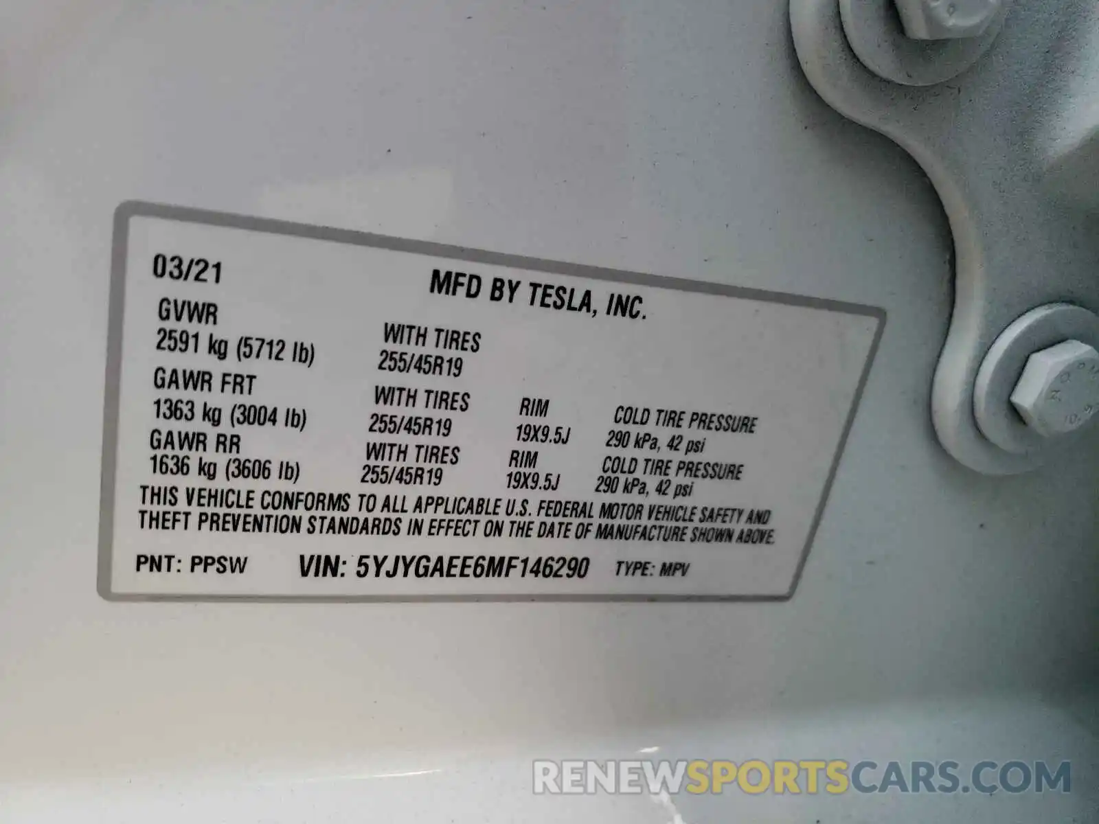 10 Фотография поврежденного автомобиля 5YJYGAEE6MF146290 TESLA MODEL Y 2021