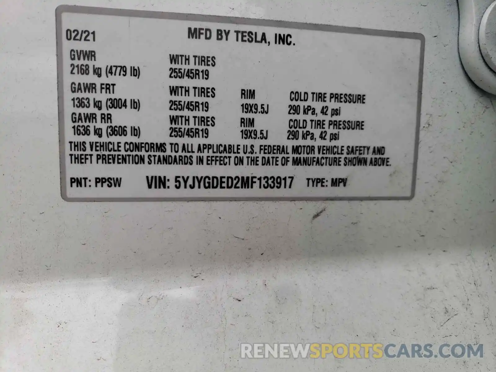 10 Фотография поврежденного автомобиля 5YJYGDED2MF133917 TESLA MODEL Y 2021