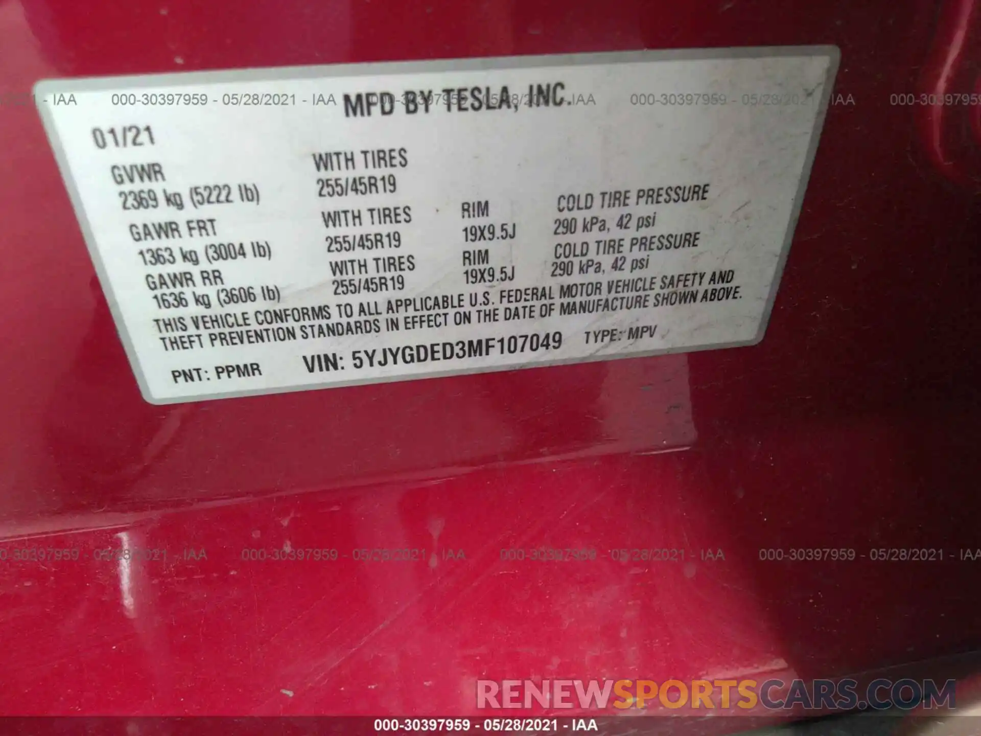 9 Фотография поврежденного автомобиля 5YJYGDED3MF107049 TESLA MODEL Y 2021