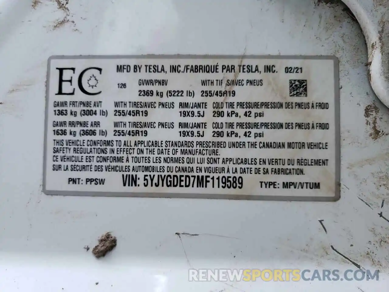 10 Photograph of a damaged car 5YJYGDED7MF119589 TESLA MODEL Y 2021