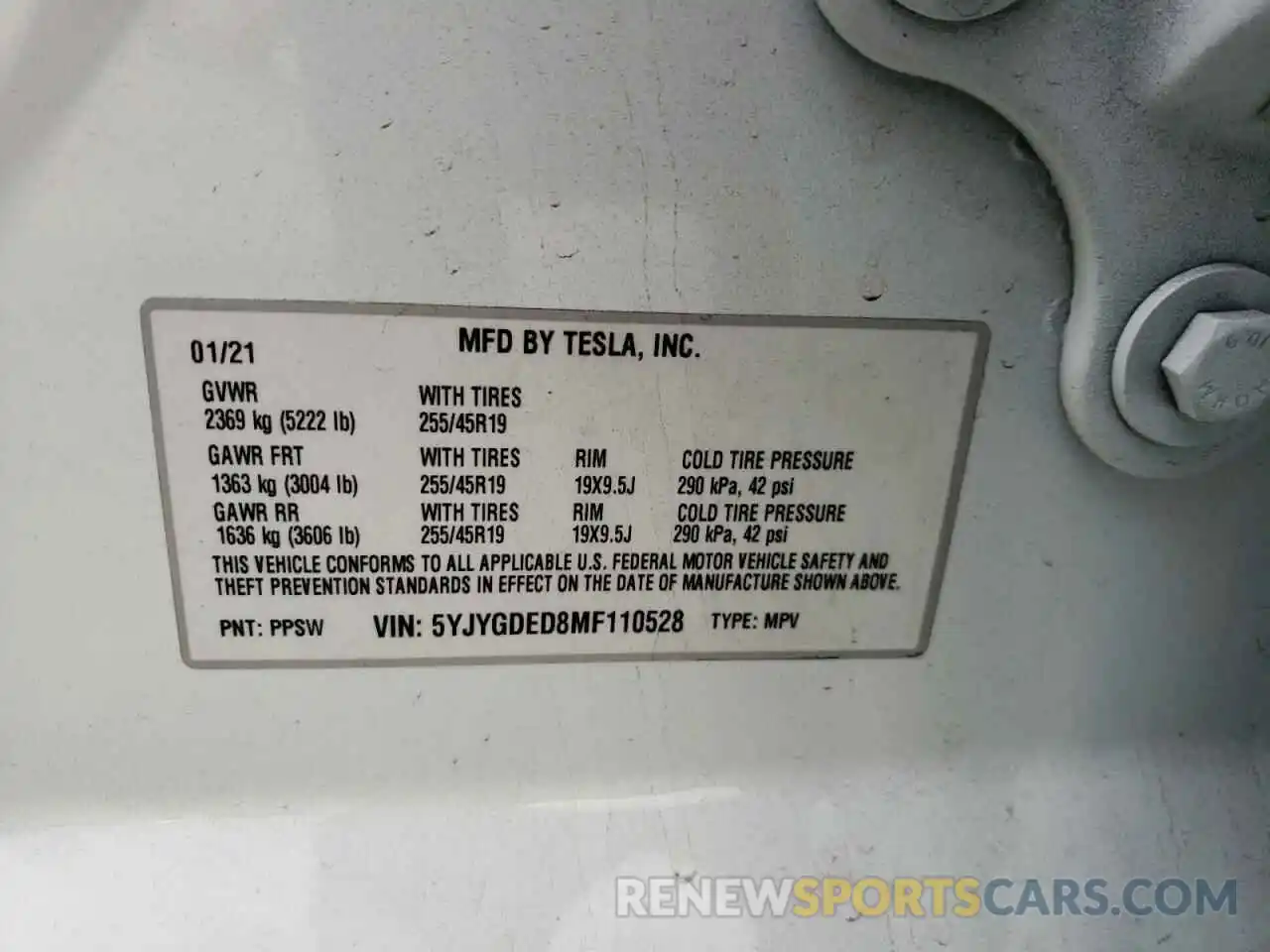 10 Фотография поврежденного автомобиля 5YJYGDED8MF110528 TESLA MODEL Y 2021