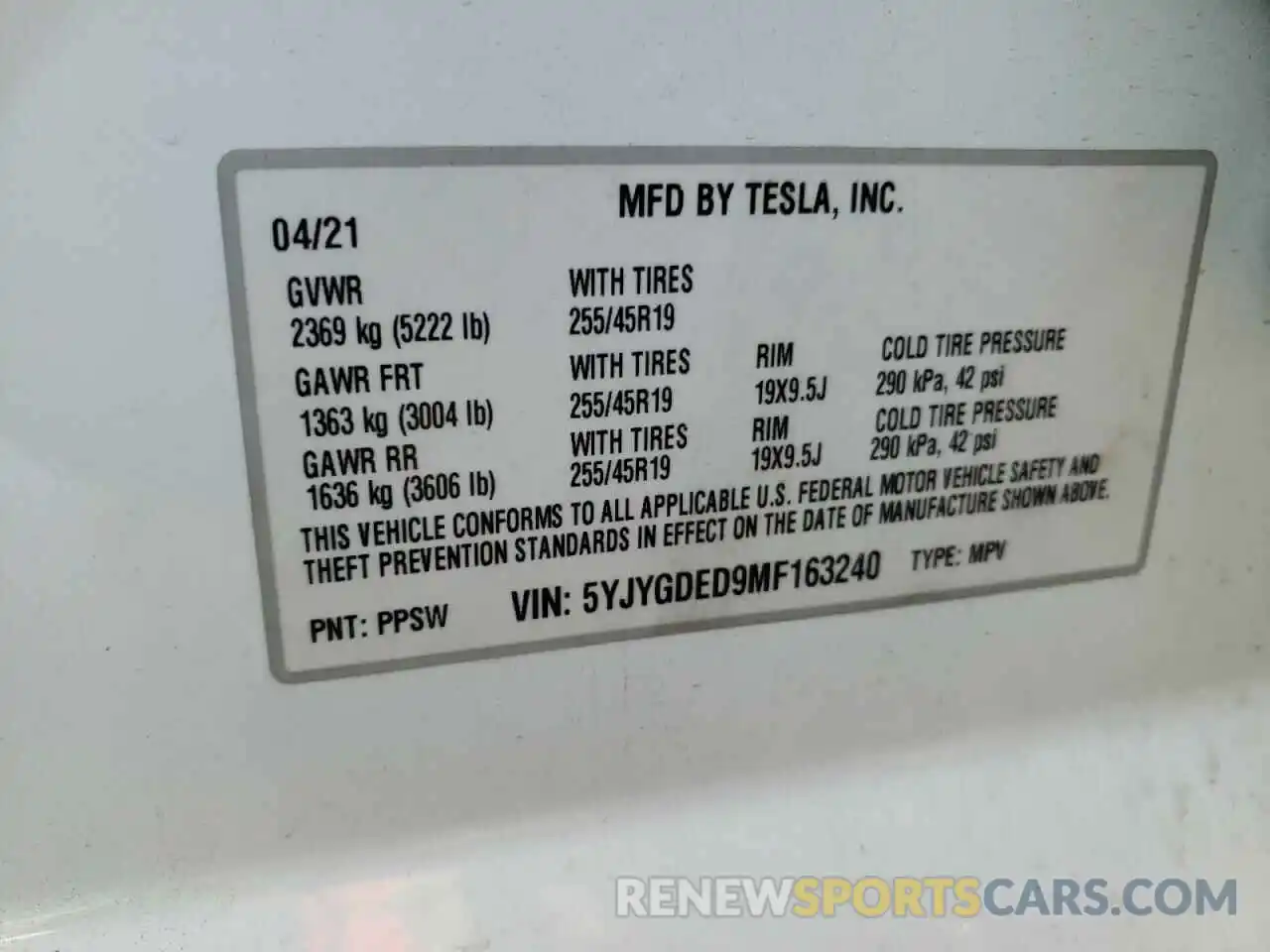 10 Фотография поврежденного автомобиля 5YJYGDED9MF163240 TESLA MODEL Y 2021