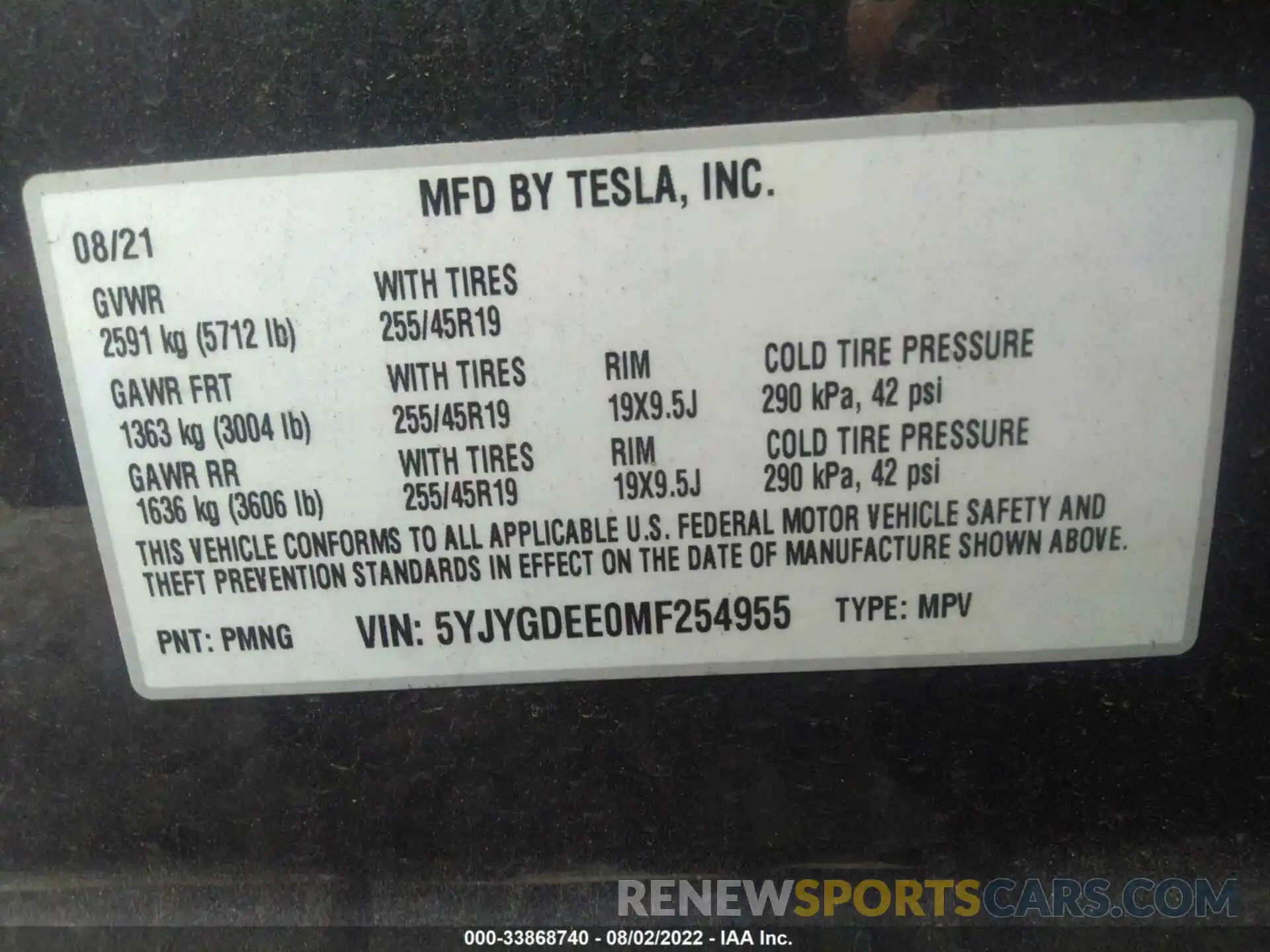 9 Фотография поврежденного автомобиля 5YJYGDEE0MF254955 TESLA MODEL Y 2021