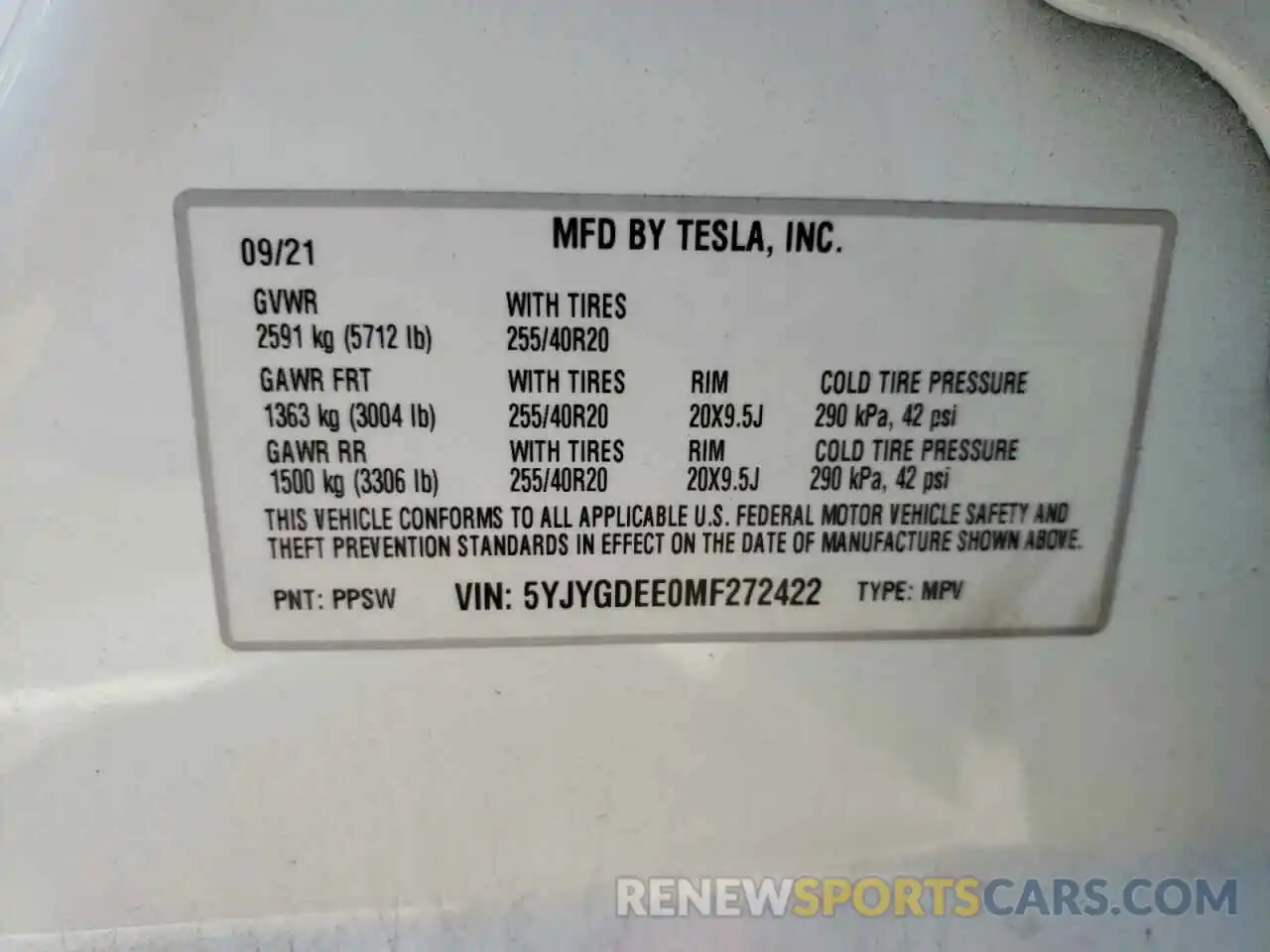 10 Photograph of a damaged car 5YJYGDEE0MF272422 TESLA MODEL Y 2021