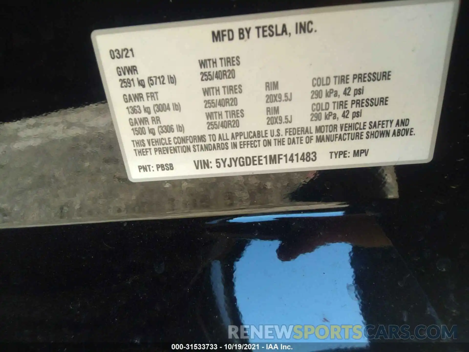 9 Фотография поврежденного автомобиля 5YJYGDEE1MF141483 TESLA MODEL Y 2021