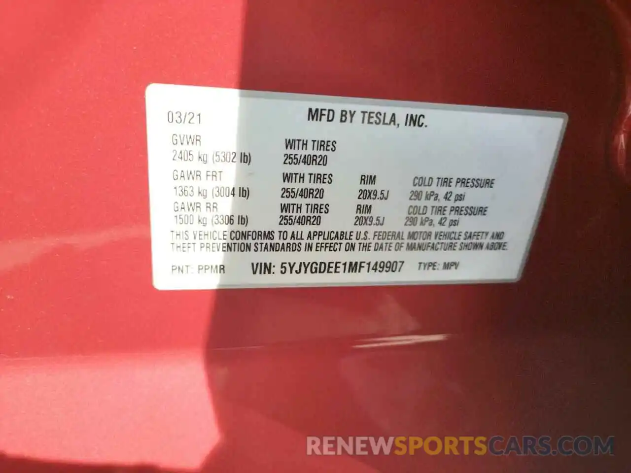 10 Photograph of a damaged car 5YJYGDEE1MF149907 TESLA MODEL Y 2021